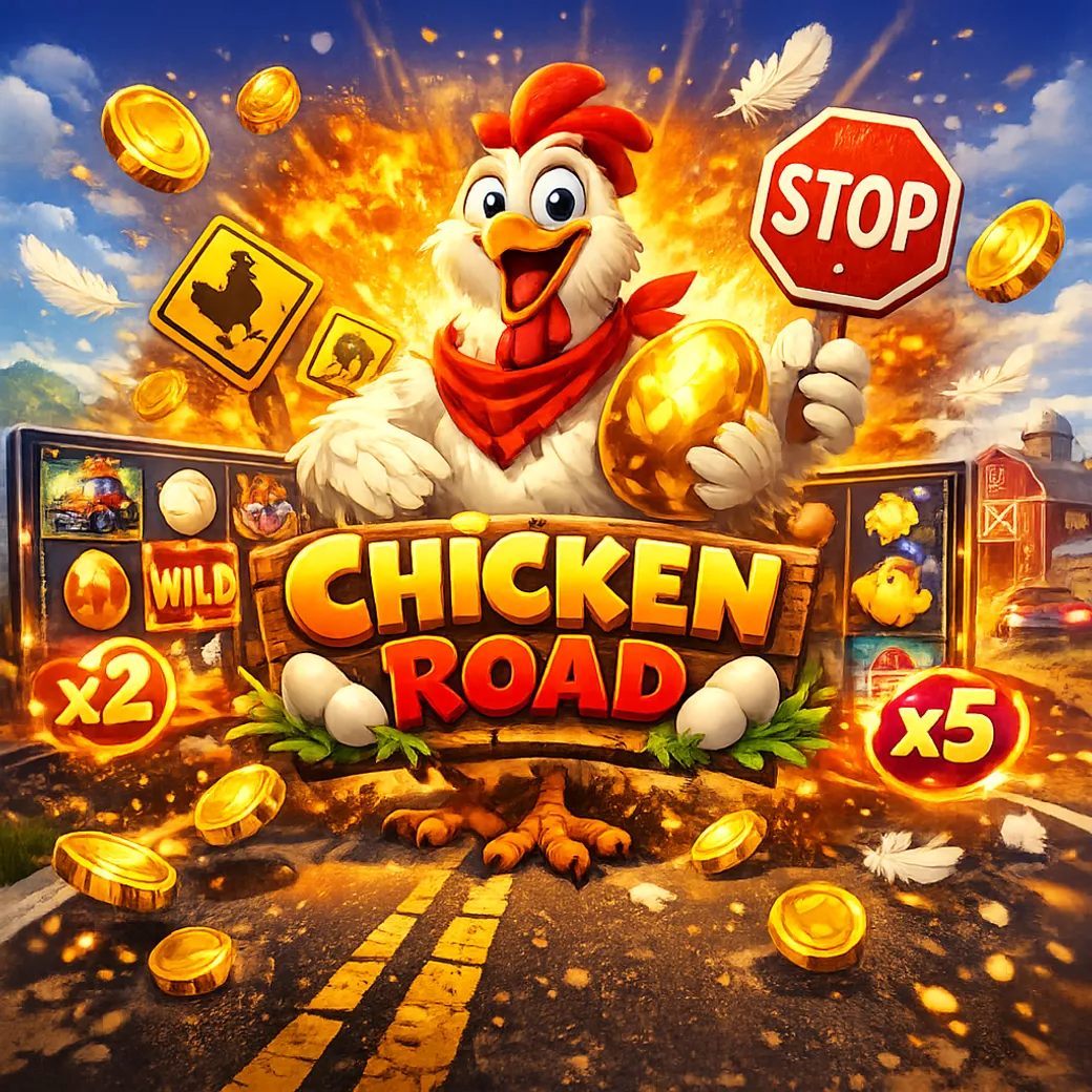 Bright promotional image featuring a cartoon chicken, road lanes, and playful casino elements.
