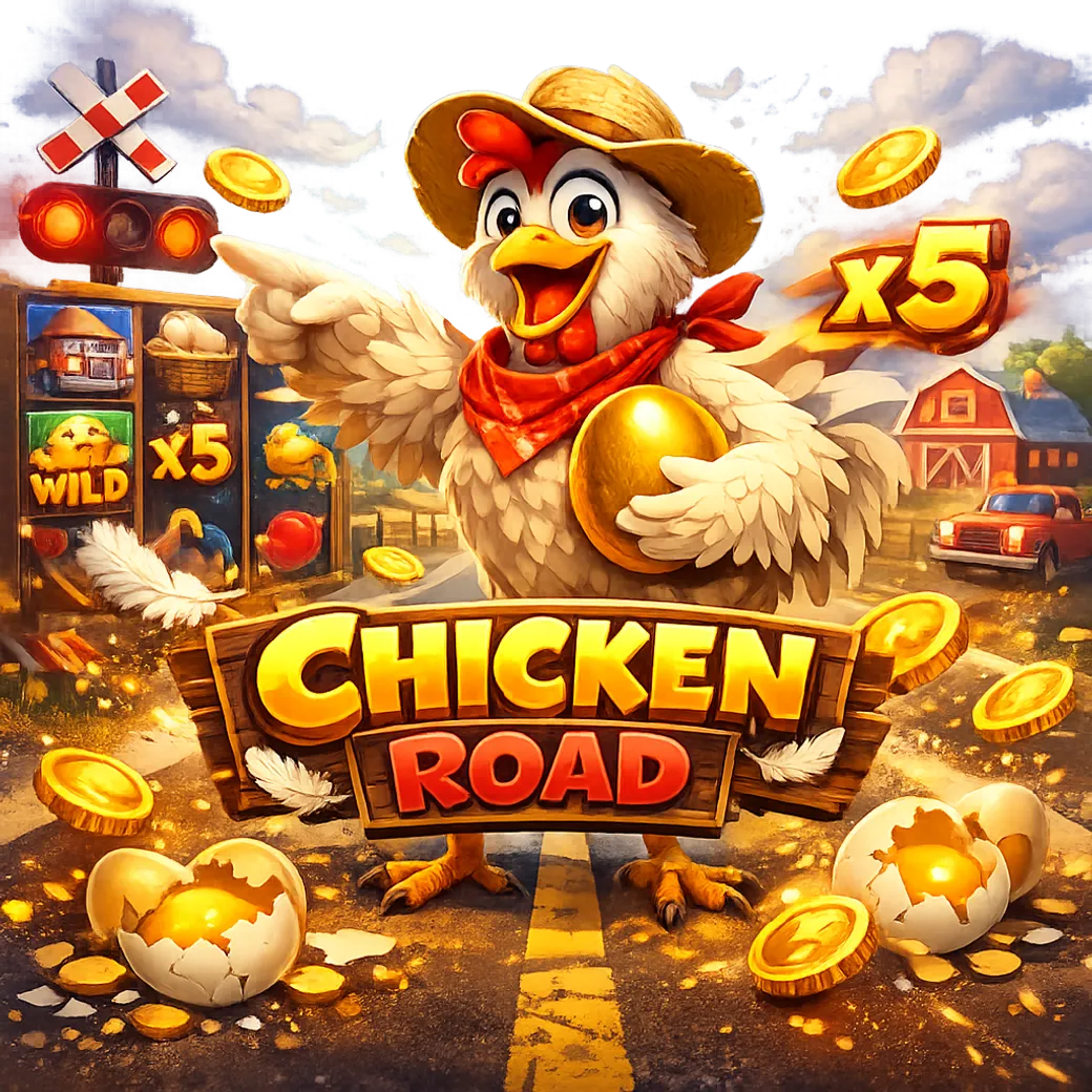 Promotional image for Chicken Road slot game featuring a funny chicken, road lanes, and playful energy.
